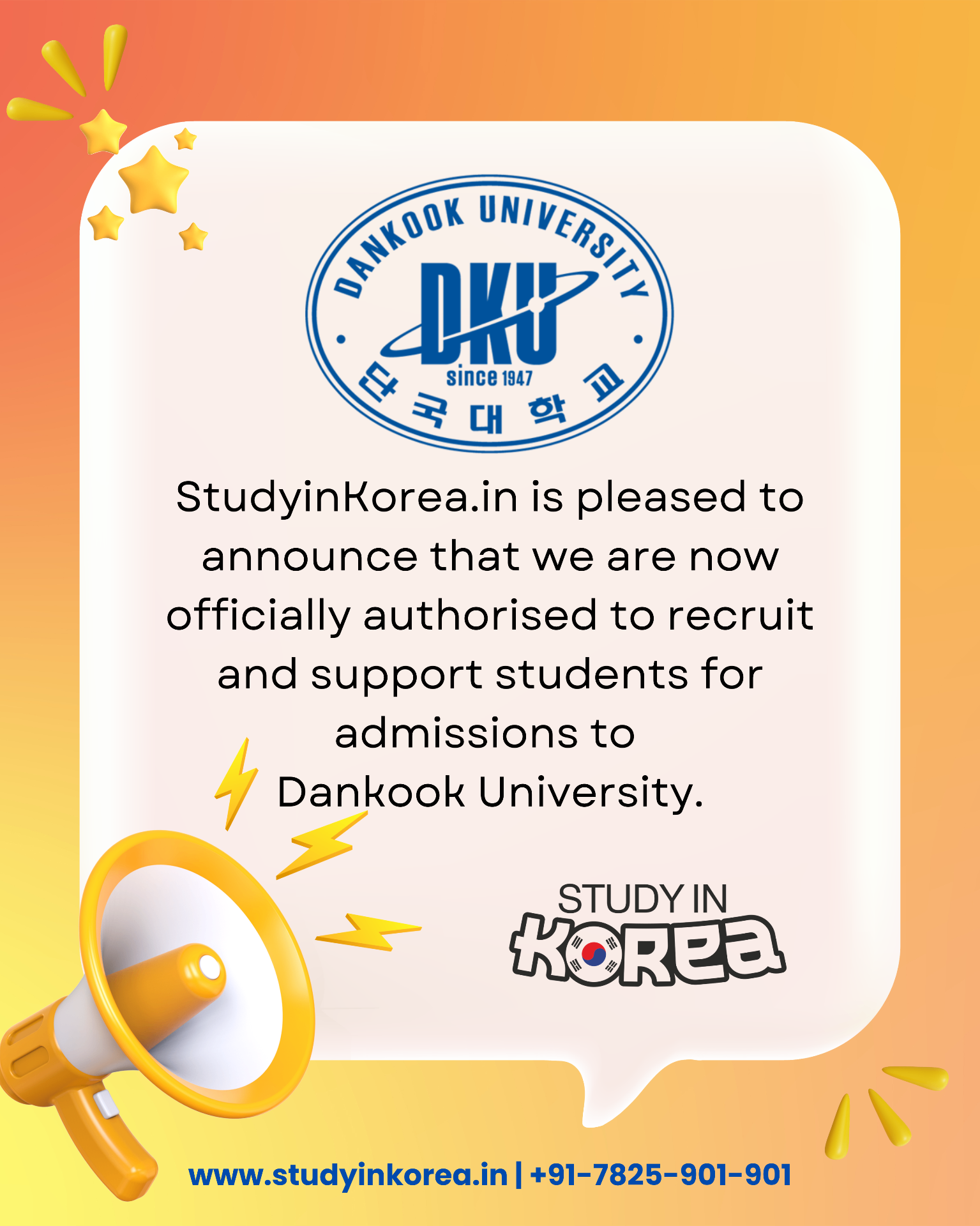 StudyInKorea.in officially authorised to recruit and support students for Dankook University