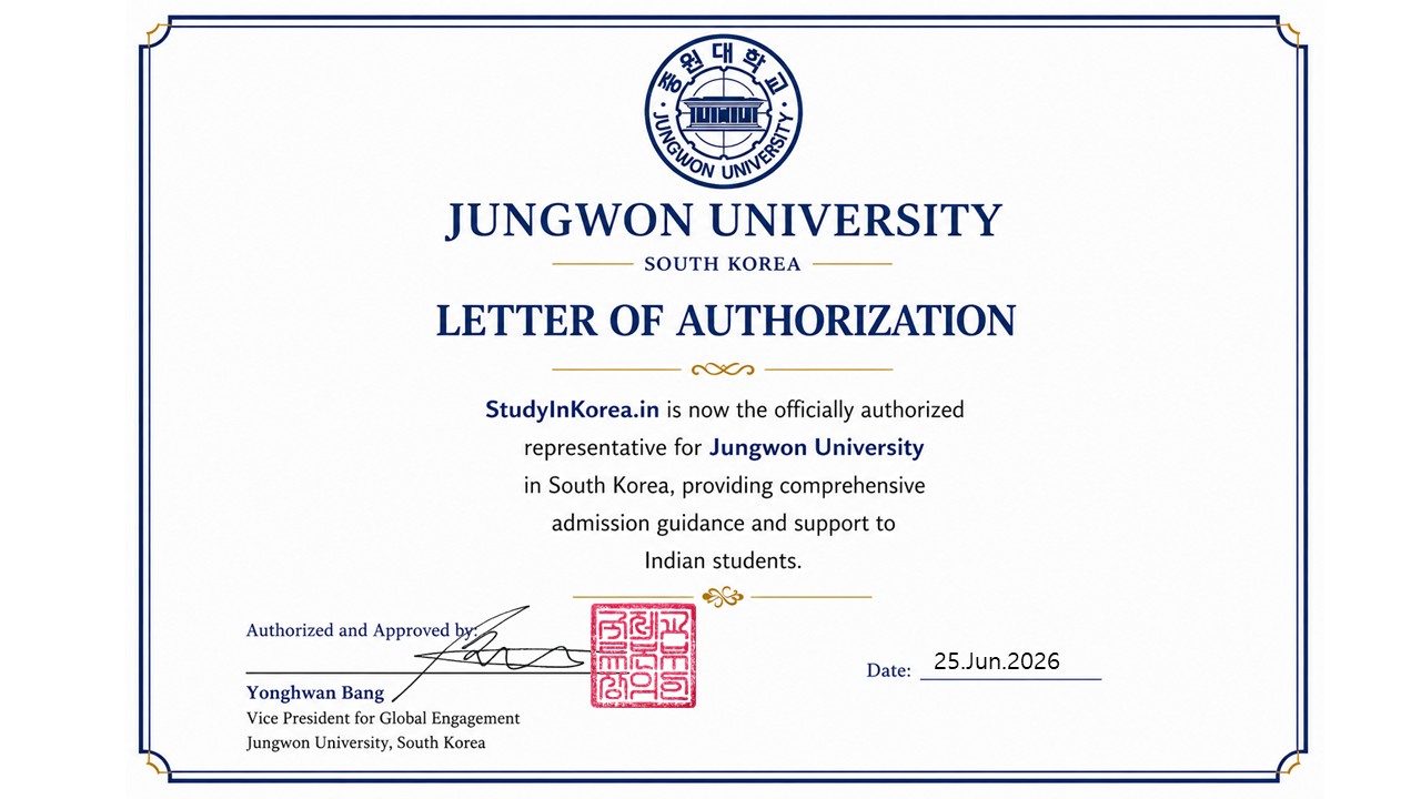Letter of Authorization from Jungwon University appointing StudyInKorea.in as officially authorized representative for Indian students