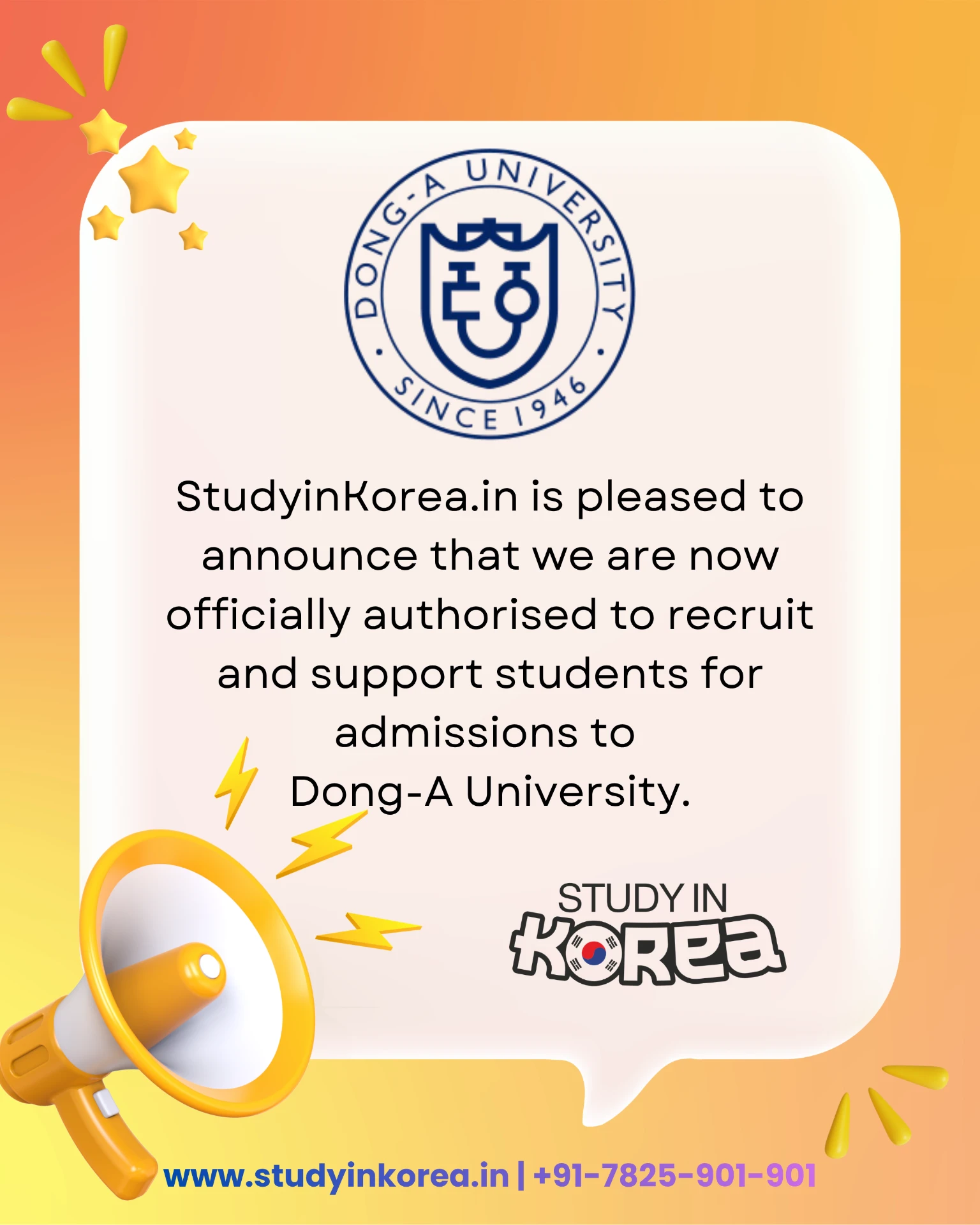 StudyInKorea.in officially authorised to recruit and support students for admissions to Dong-A University