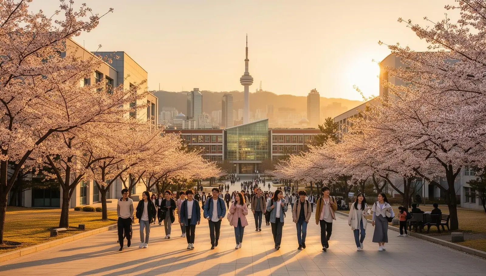 Korean university campus with cherry blossoms